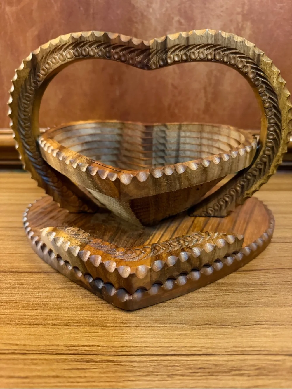 Vintage Hand Carved Sheesham Wood Collapsible Basket 10